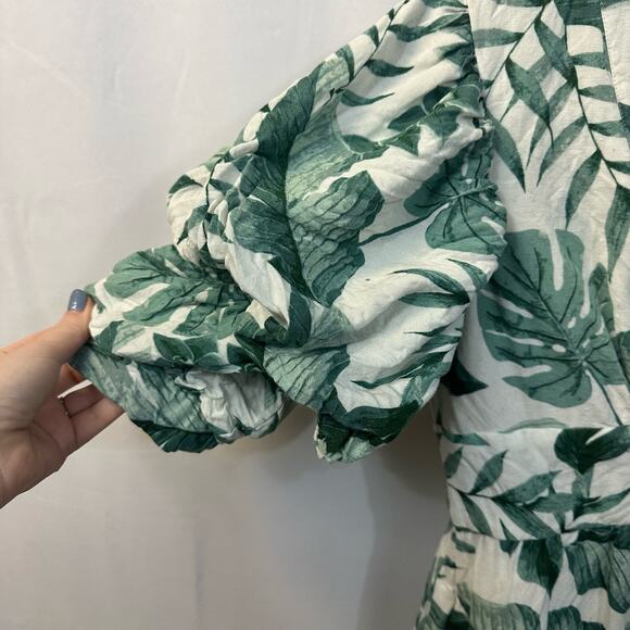 Johanna Ortiz x H&M Green Palm Leaf Midi Dress Puff Sleeve Linen Blend XS - Picture 8 of 8